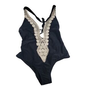 Kona Sol Black Crochet Trim Plunge One Piece‎ Swimsuit Size M